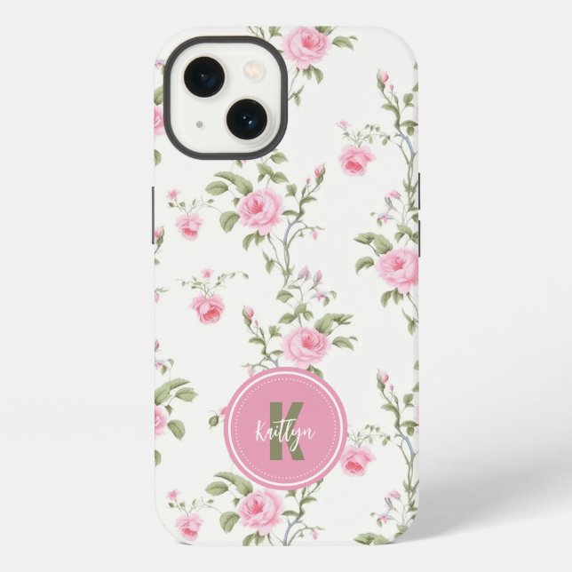 Elegant Pink Roses Flowers Pattern Monogram iPhone Case (Back)