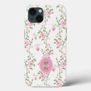 Elegant Pink Roses Flowers Pattern Monogram iPhone 13 Case
