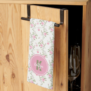 Elegant Pink Roses Flowers Pattern Monogram Kitchen Towel