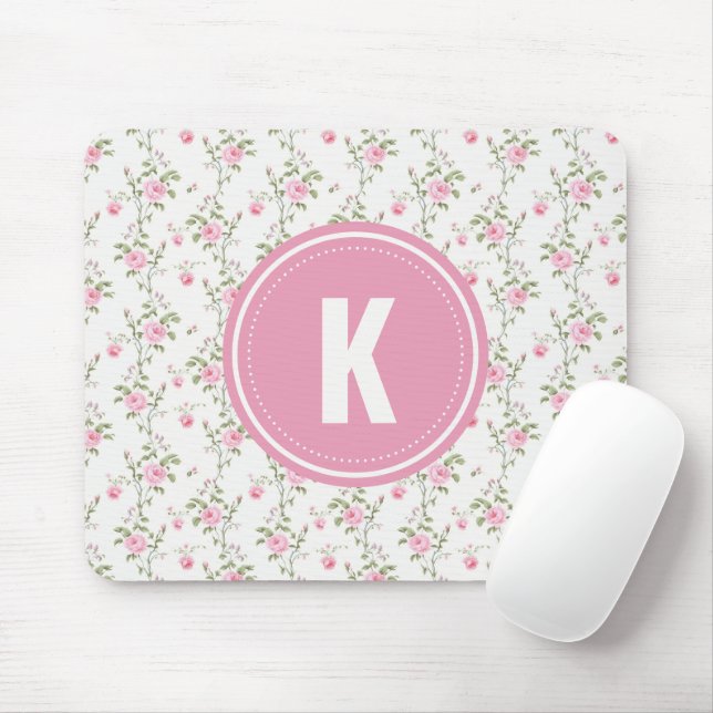 Elegant Pink Roses Flowers Pattern Monogram Mouse Pad (With Mouse)