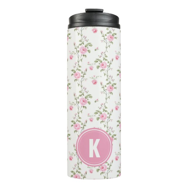 Elegant Pink Roses Flowers Pattern Monogram Thermal Tumbler (Front)