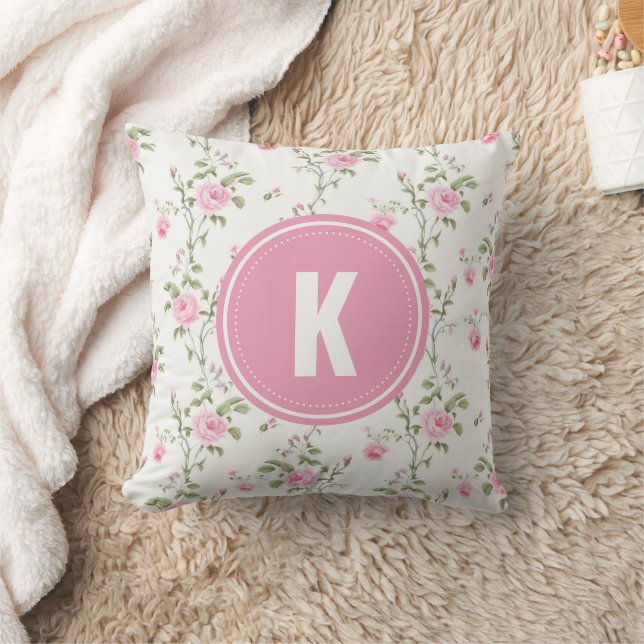 Elegant Pink Roses Flowers Pattern Monogram Throw Pillow (Blanket)