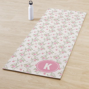 Elegant Pink Roses Flowers Pattern Monogram Yoga Mat