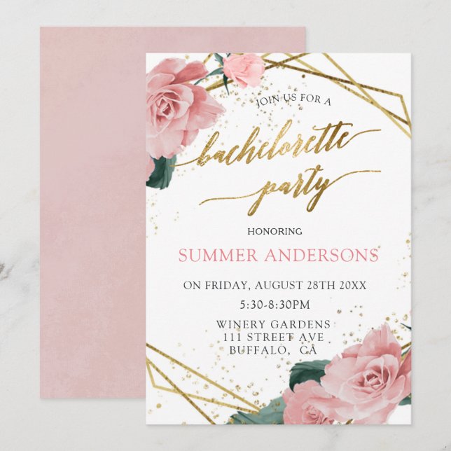 Elegant Pink Roses Gold Foil Bachelorette Party Invitation (Front/Back)
