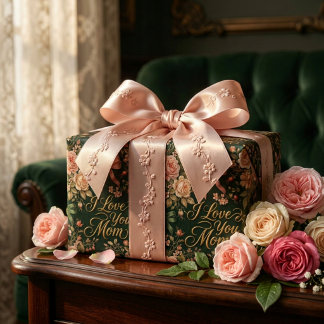 Elegant Pink Roses & Gold I Love You Mom Wrapping Paper