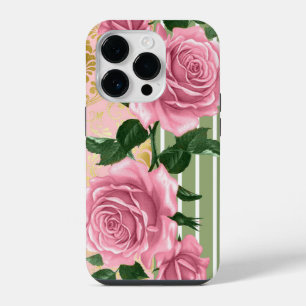 Elegant Pink Roses & Green Leaves iPhone 14 Pro Case