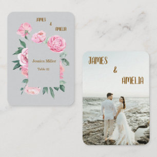 Elegant Pink Roses & Grey Floral Wedding Place Card