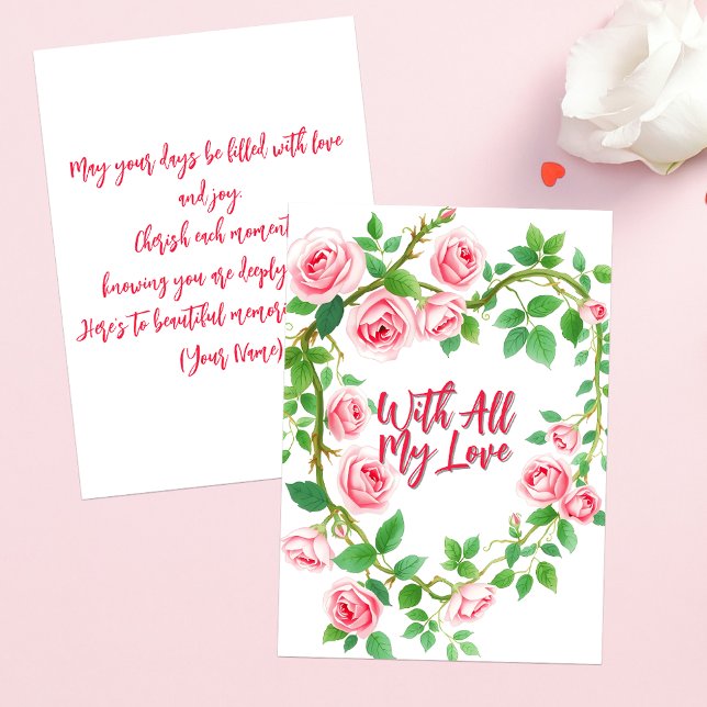 Elegant Pink Roses Heart With All My Love Card (Creator Uploaded)