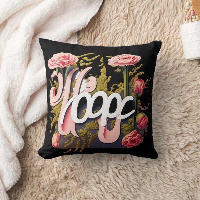 Elegant Pink Roses Hope Typography Throw Pillow (Blanket)