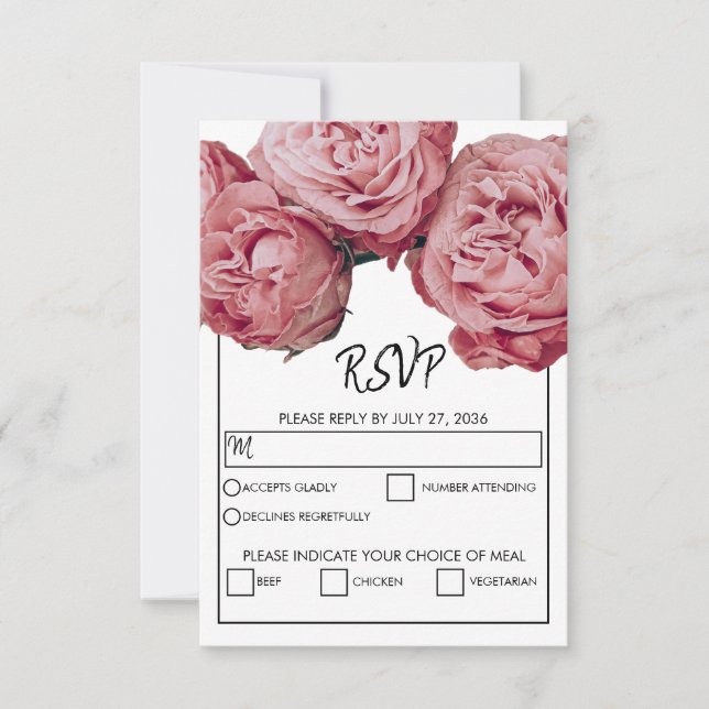 Elegant Pink Roses Meal Options Wedding RSVP Cards (Front)