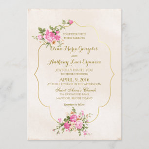Elegant Pink Roses on Ivory with Gold Frame Invitation