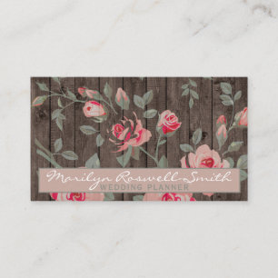 Elegant Pink Roses on Rustic Wood Background Business Card