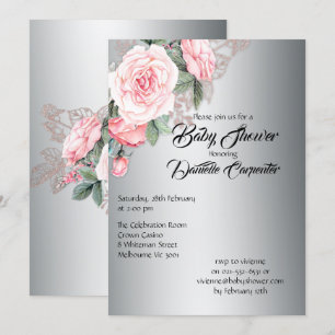 Elegant Pink Roses on Silver Baby Shower Invitation