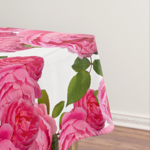 Elegant Pink Roses on White Floral  Tablecloth