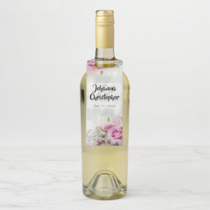Elegant Pink Roses & Peony Buds Teal Wedding  Bottle Tag