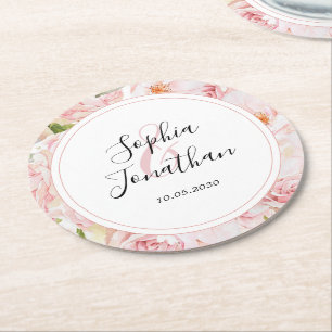 Elegant Pink Roses Personalized Wedding Round Paper Coaster