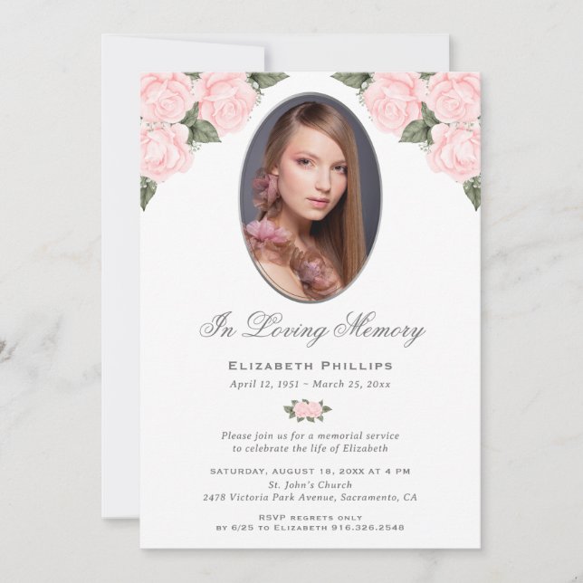 Elegant Pink Roses Photo Memorial Service Funeral Invitation (Front)