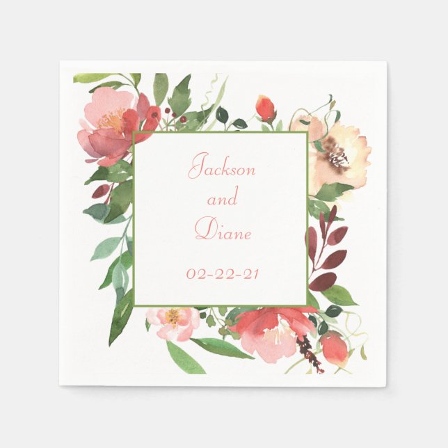 Elegant Pink Roses Romantic Watercolor Border Napkin (Front)