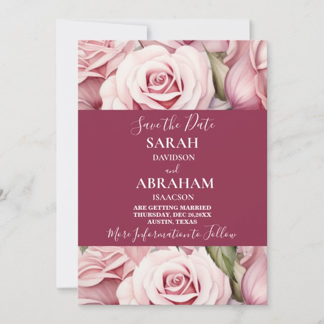 Elegant Pink Roses Save the Date Invitation (Front)