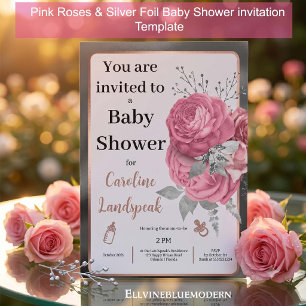 Elegant Pink Roses & Silver Foil Baby Shower  Invitation