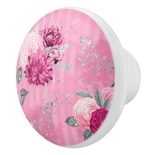 Elegant Pink Roses Silver Glitter Butterfly Ceramic Knob