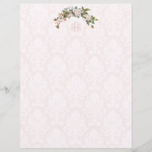 Elegant Pink Roses, Vintage Damask and Monogram