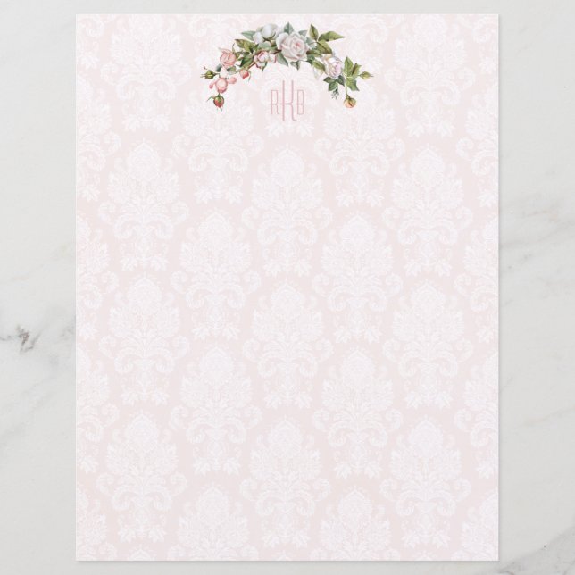 Elegant Pink Roses, Vintage Damask and Monogram (Front)
