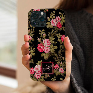 Elegant Pink Roses w/Monogram-Black Background iPhone 12 Case