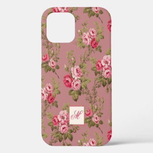 Elegant Pink Roses w/Monogram-Old Rose Background iPhone 12 Case