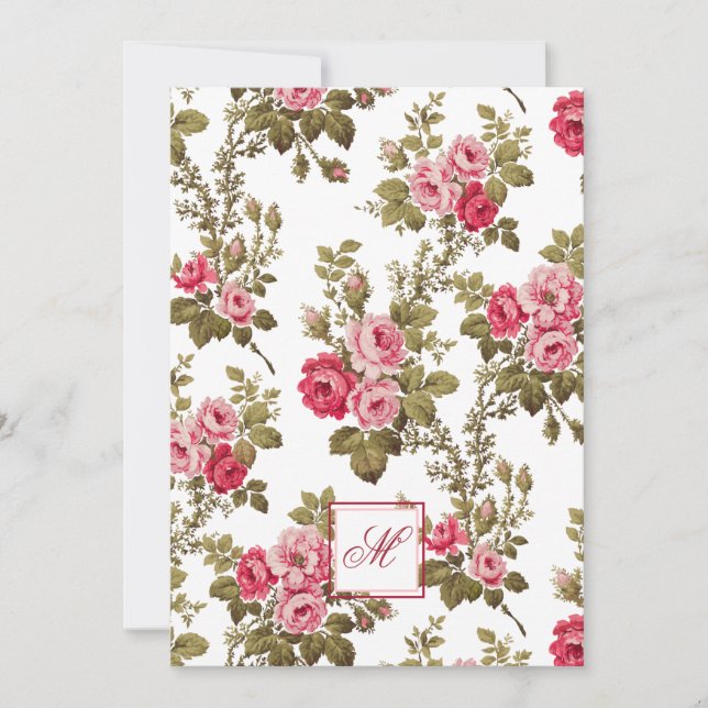 Elegant Pink Roses w/Monogram-White Background Card (Front)