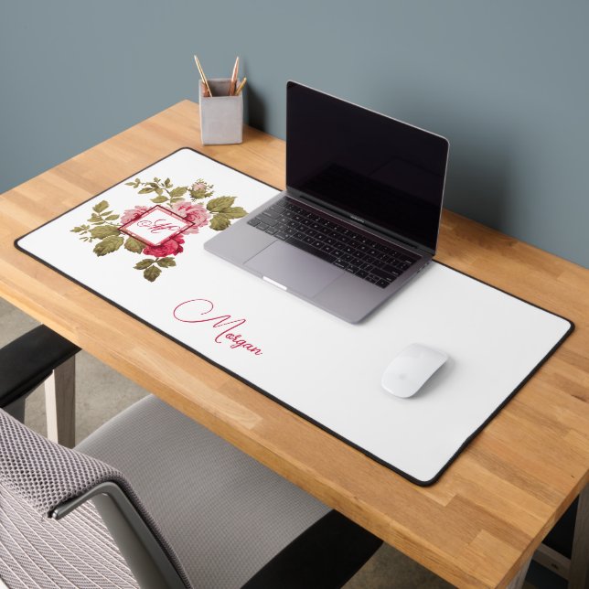 Elegant Pink Roses w/Monogram-White Background Desk Mat (Office 2)