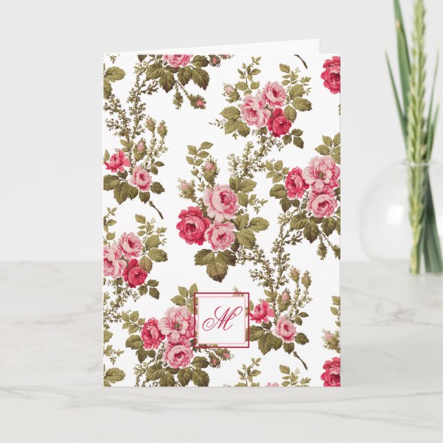 Elegant Pink Roses w/Monogram-White Background Note Card (Front)