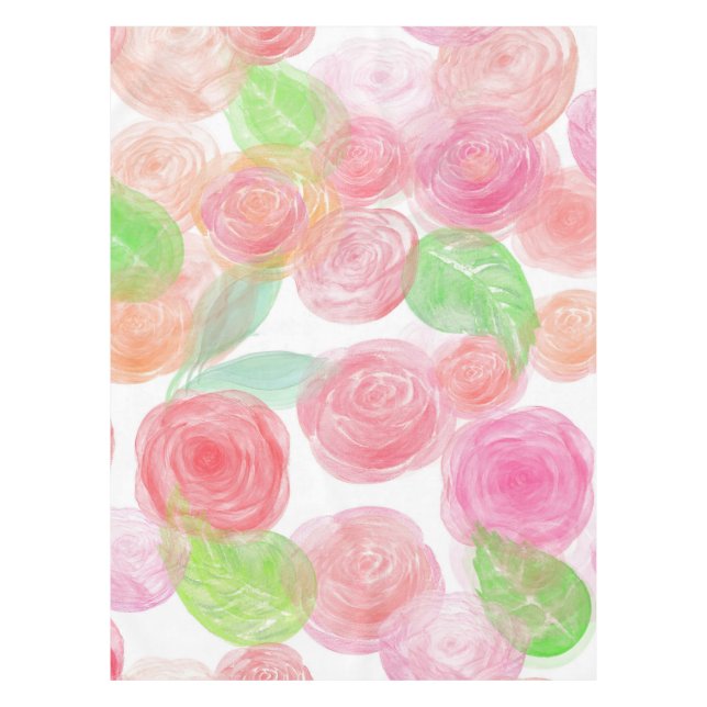 Elegant Pink Roses Watercolor Floral Pattern | Tablecloth (Front)