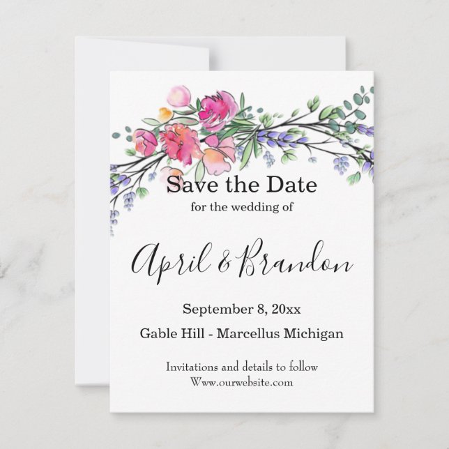 Elegant pink roses watercolor lavender boho save the date (Front)