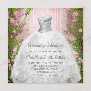 Elegant Pink Roses White Quinceanera Invitations