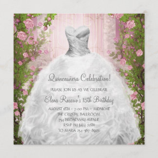 Elegant Pink Roses White Quinceanera Invitations