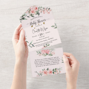 Elegant Pink Roses with Butterflies Baby Shower All In One Invitation