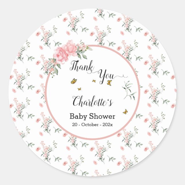 Elegant Pink Roses with Butterflies Baby Shower Classic Round Sticker (Front)