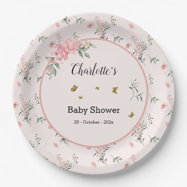 Elegant Pink Roses with Butterflies Baby Shower Paper Plate (Front)