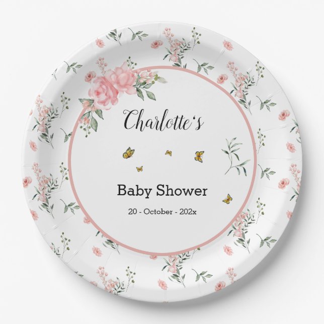 Elegant Pink Roses with Butterflies Baby Shower Paper Plate (Front)
