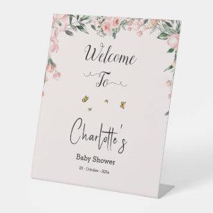 Elegant Pink Roses with Butterflies Baby Shower Pedestal Sign