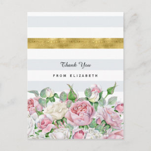 Elegant Pink Roses With FAUX Gold Stripe Thank You Postcard