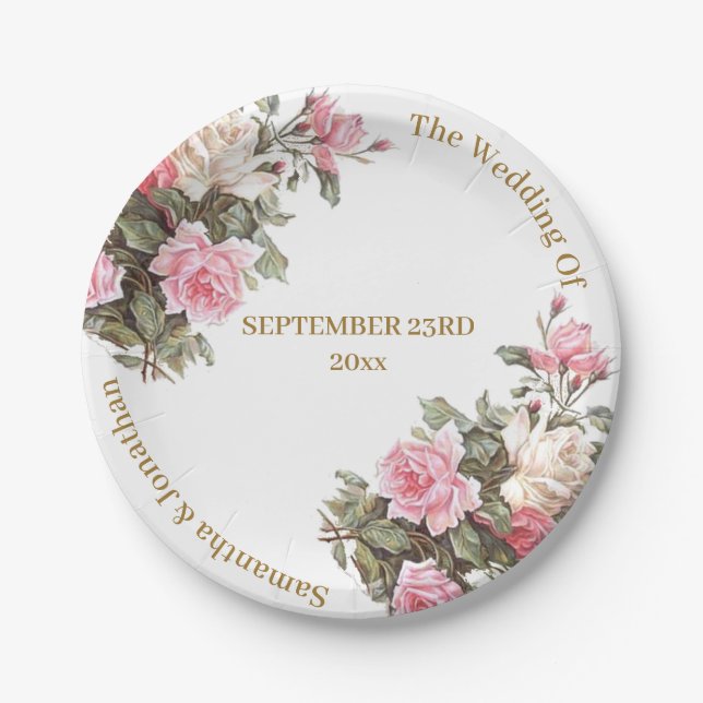 Elegant Pink Roses With Golden Fonts Paper Plate (Front)