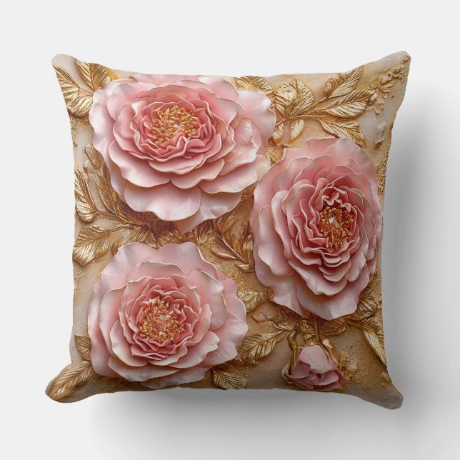 Elegant Pink Roses with Golden Leaves Throw Pillow (Front)