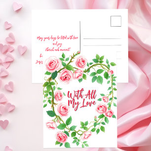 Elegant Pink Roses Wreath with Romantic Message Postcard