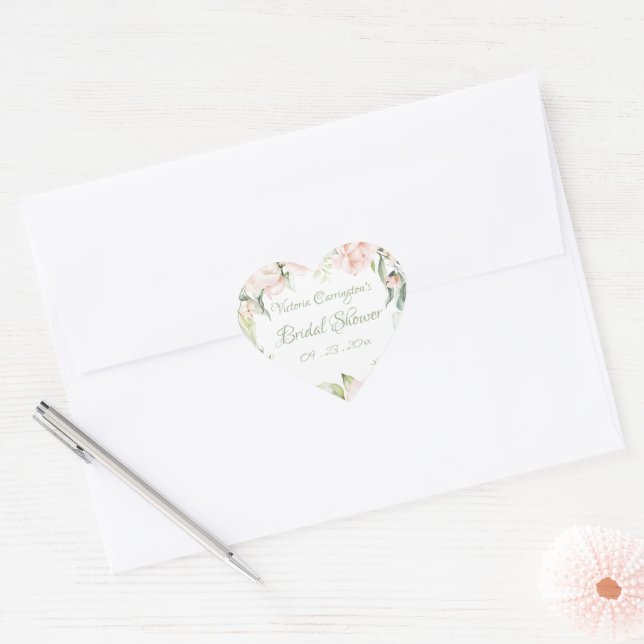 Elegant Pink & Sage Green Floral Bridal Shower  Heart Sticker (Envelope)