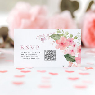 Elegant Pink Sakura Flowers Wedding QR Code RSVP Enclosure Card