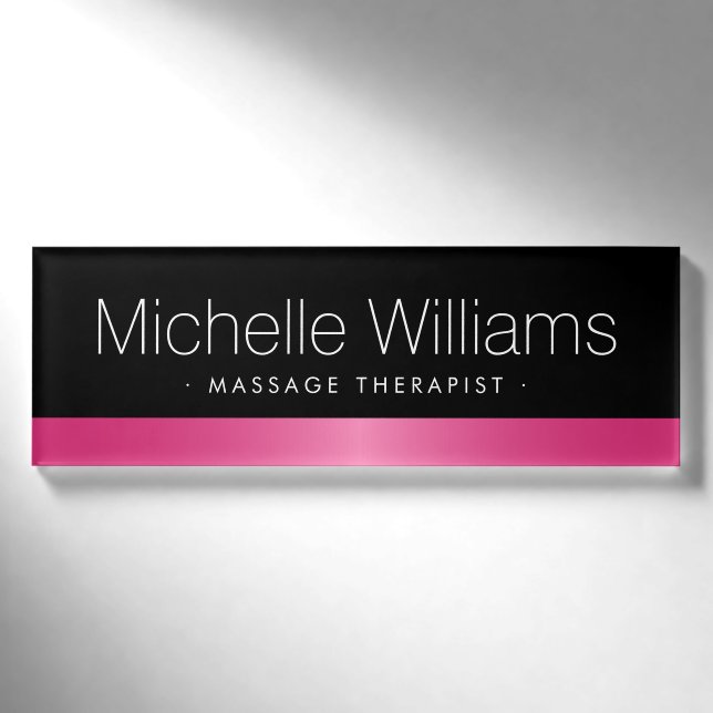 Elegant pink satin border black name tag (Front)