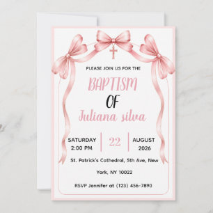 Elegant Pink Satin Bow Baptism Christening Invitation