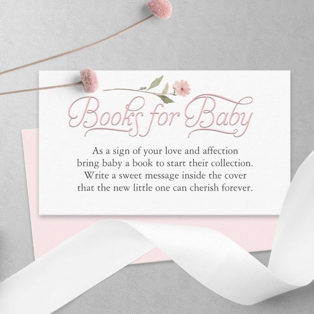 Elegant Pink Script Books for Baby Girl Shower Enclosure Card (Books for baby, pink Elegant Wildflower Baby Girl shower enclosure cards.)